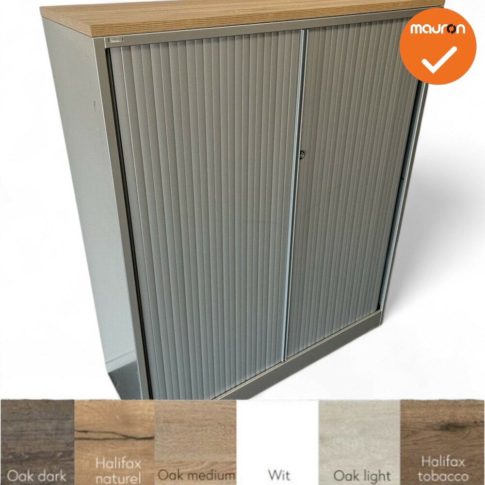 Roldeurkast - Ahrend - 144x120x45cm - zilvergrijs met zilvergrijze deuren - topblad naar keuze