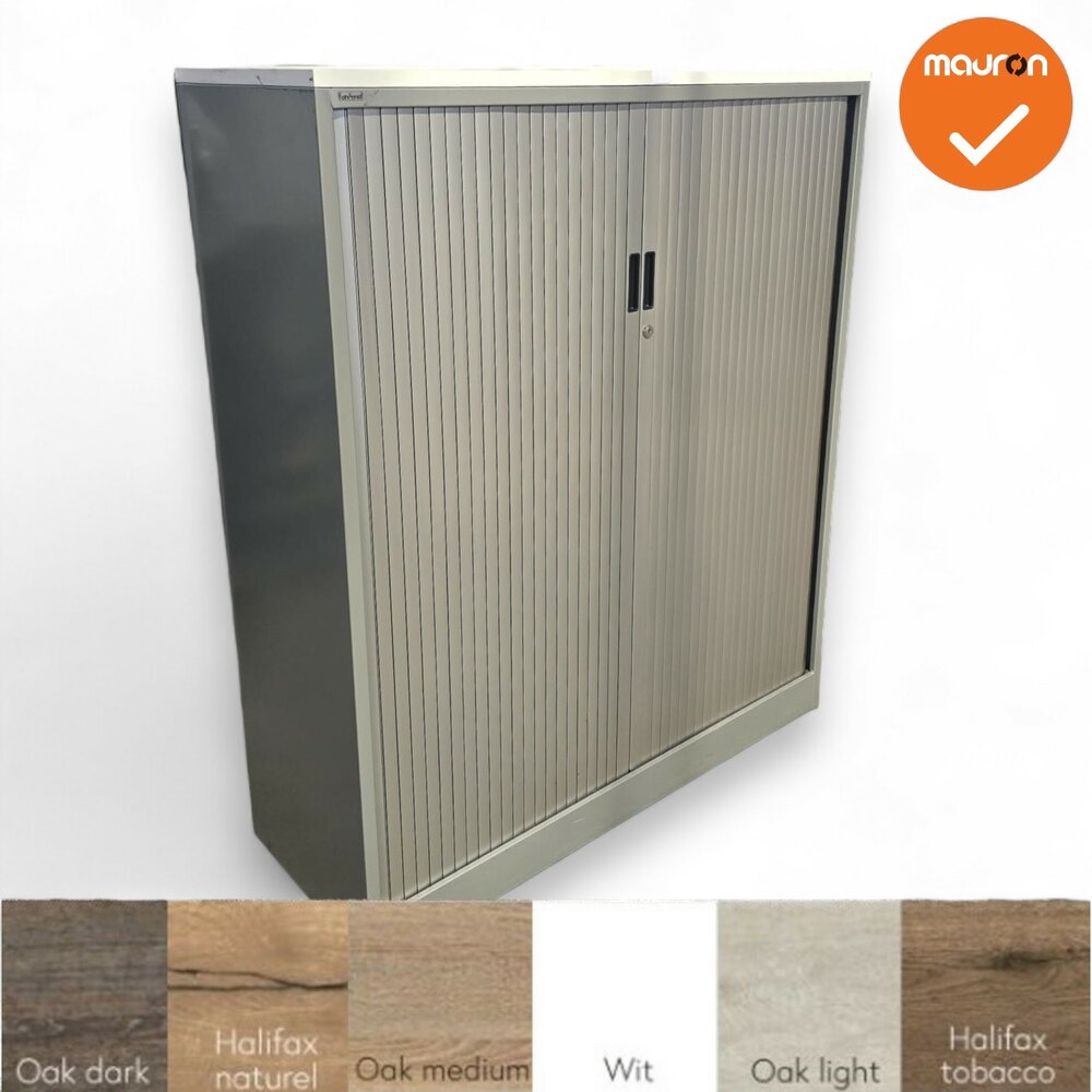 Roldeurkast - Ahrend - 144x120x45cm - zilvergrijs met zilvergrijze metalen deuren - topblad naar keuze