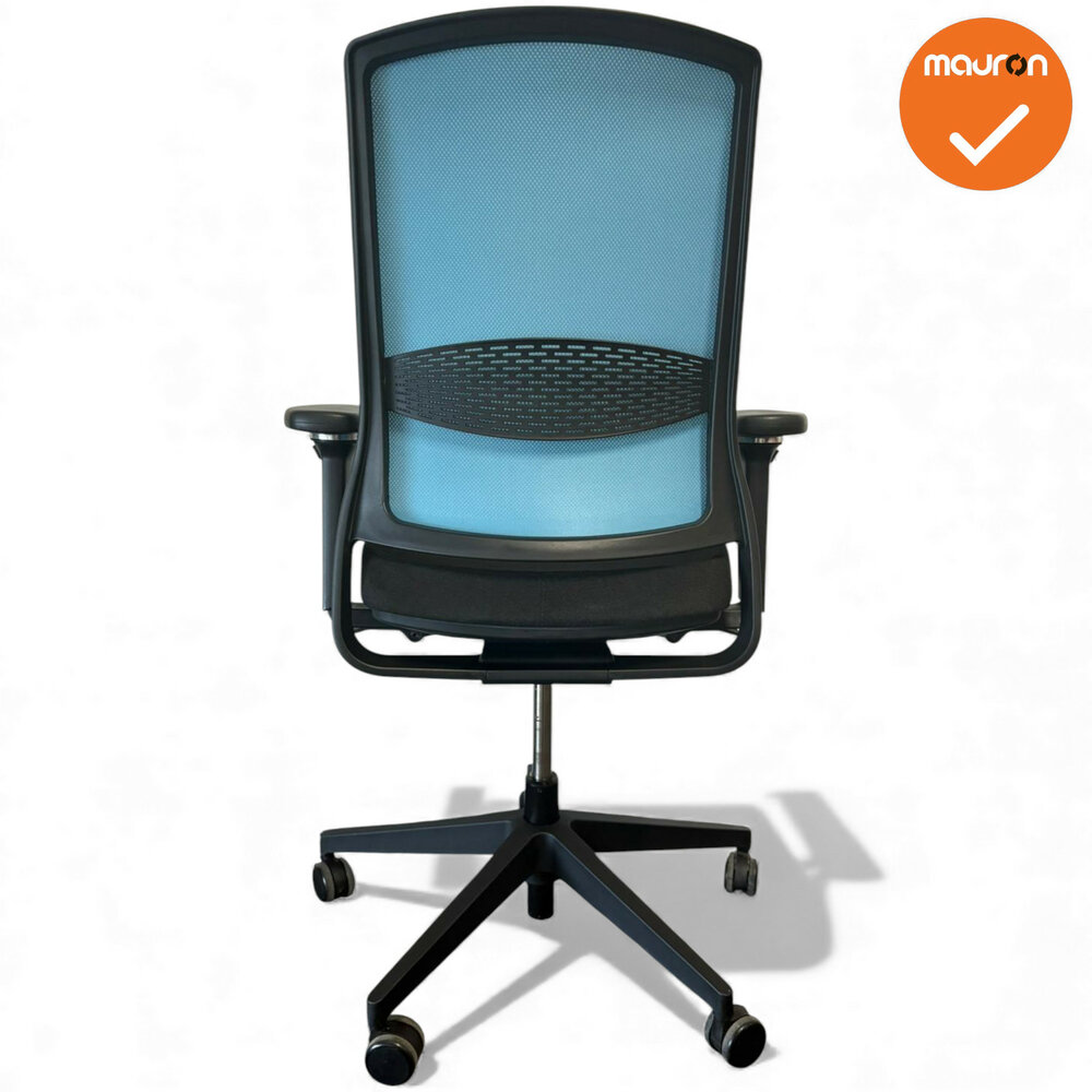 Gispen Zinn - 4D Armleggers - Zwart gestoffeerde zitting met lichtblauw netweave - zwart voetkruis