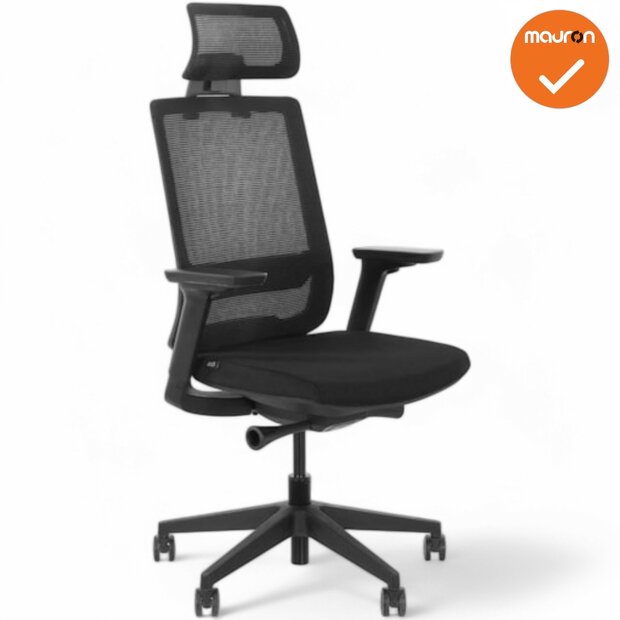 Bureaustoel Square - NIEUW - Zwarte stoffering - Zwart voetkruis - met hoofdsteun