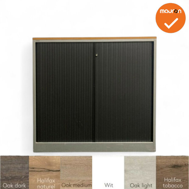 Roldeurkast - Ahrend - 120x120x45cm - Zilvergrijs met zwarte roldeuren - Topblad naar keuze