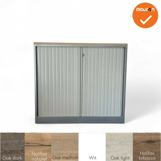Roldeurkast - Ahrend - 110x120x45cm - Zilvergrijs met wit beige roldeuren - Topblad naar keuze